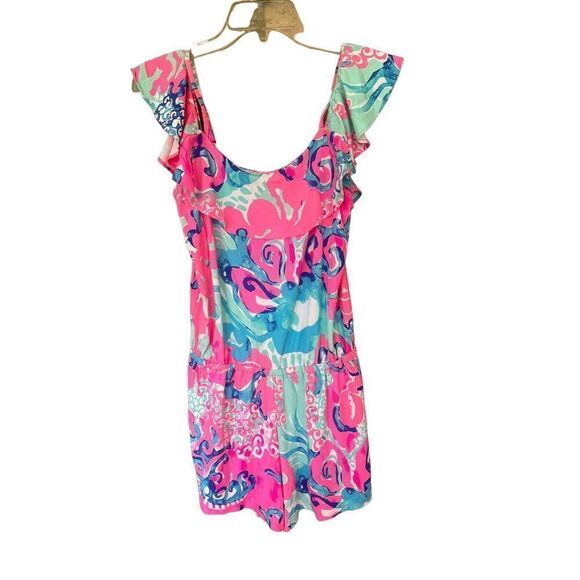 Lilly Pulitzer Womens Pink Cold Shoulder Ruffle Im So Jelly Klea Romper Small - Picture 9 of 11